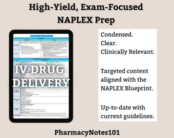 Intravenous Therapy Cheat Sheet, IV Therapy Cheat Sheet, NAPLEX, Pharmacy School Notes, Pharmacy Student Study Guide, Digital Download