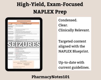 Seizures Study Guide, NAPLEX Prep, NAPLEX Review, Pharmacy School Notes, Pharmacy Student Study Guide, Digital Download