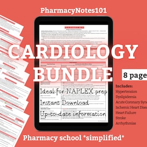 May include: A digital download of an 8-page cardiology study guide bundle for pharmacy school. The guide includes information on hypertension, dyslipidemia, acute coronary syndrome, ischemic heart disease, heart failure, stroke, and arrhythmias. The guide is ideal for NAPLEX preparation and includes up-to-date information. The text "Pharmacy school *simplified*" is at the bottom of the image.