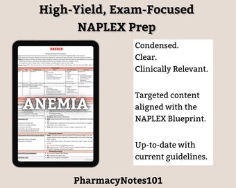 Anemia Study Guide, NAPLEX Prep, Pharmacy School Notes, Pharmacy Student Study Guide, NAPLEX Review, Digital Download