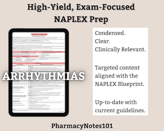 Arrhythmias Study Guide, NAPLEX Prep, NAPLEX Review, Pharmacy School Notes, Pharmacy Student Study Guide, Digital Download