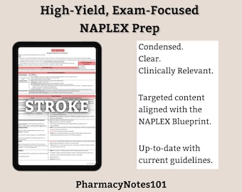 Stroke Study Guide, NAPLEX Prep, Pharmacy School Notes, Pharmacy Student Study Guide, NAPLEX Review, Digital Download