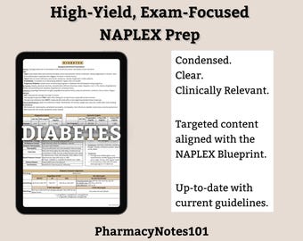 Diabetes Study Guide, NAPLEX Prep, NAPLEX Review, Pharmacy School Notes, Pharmacy Student Study Guide, Digital Download
