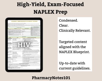 HIV Study Guide, NAPLEX Prep, Pharmacy School Notes, Pharmacy Student Study Guide, NAPLEX Review, Digital Download