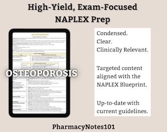 Osteoporosis Study Guide, NAPLEX Prep, NAPLEX Review, Pharmacy School Notes, Pharmacy Student Study Guide, Digital Download