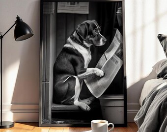 Adorable Dog Reading the Newspaper Printable Wall Art | Dog Photo | Dog Art Print | Digital Download | Black and White Digital Print