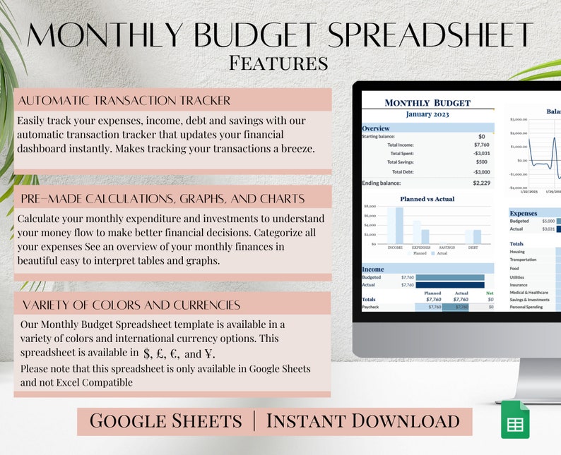 May include: A pink and blue graphic with the text "Monthly Budget Spreadsheet" and "Features". The graphic describes the features of a budget spreadsheet template, including automatic transaction tracking, pre-made calculations, graphs, and charts, and a variety of colors and currencies. The graphic also includes a screenshot of the spreadsheet template, which shows a monthly budget overview, income, expenses, and planned vs. actual spending.