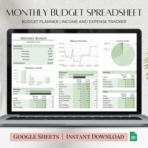 May include: A laptop computer screen displaying a green and white monthly budget spreadsheet template. The spreadsheet includes sections for income, expenses, savings, and debt. The title of the spreadsheet is "Monthly Budget Spreadsheet" and the subtitle is "Budget Planner | Income and Expense Tracker". The spreadsheet is designed for use with Google Sheets and is available for instant download.
