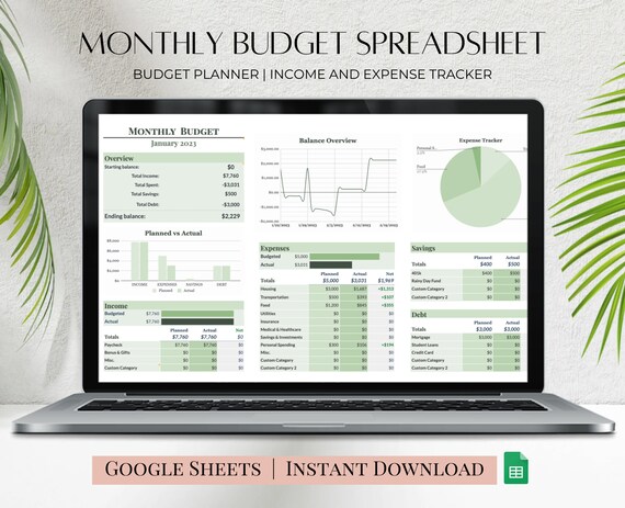 Monthly Budget Spreadsheet Template for Google Sheets, Multiple Colors Available, Financial Planner, Expense Tracker, Finance Dashboard