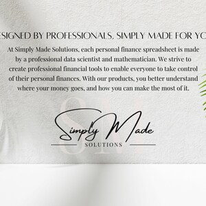 May include: White wall with green palm leaves on either side. Text reads "DESIGNED BY PROFESSIONALS, SIMPLY MADE FOR YOU" and "At Simply Made Solutions, each personal finance spreadsheet is made by a professional data scientist and mathematician. We strive to create professional financial tools to enable everyone to take control of their personal finances. With our products, you better understand where your money goes, and how you can make the most of it." The logo "Simply Made SOLUTIONS" is in black cursive writing.