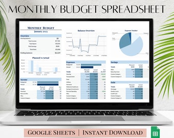 Monthly Budget Spreadsheet Template for Google Sheets (Blue) | Budget Planner, Financial Planner, Expense Tracker, Finance Dashboard