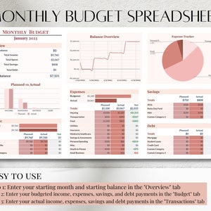 May include: A pink and brown monthly budget spreadsheet with a balance overview graph, expense tracker pie chart, and tables for planned vs. actual income, expenses, savings, and debt. The spreadsheet includes categories for housing, transportation, food, utilities, medical & healthcare, savings & investments, personal spending, health & fitness, and small business.