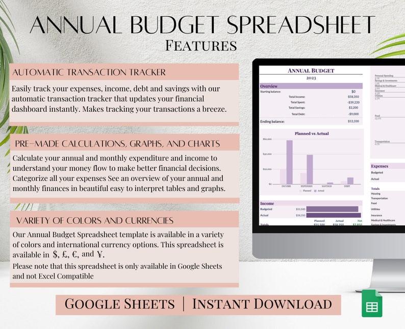 Annual Budget Spreadsheet Template for Google Sheets purple Annual ...