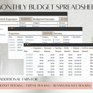 May include: A monthly budget spreadsheet template with three tabs: Budget Tracking, Expense Tracking, and Running Balance Tracking. The spreadsheet includes sections for budgeted expenses, budgeted income, expenses, and income. The spreadsheet also includes a running balance section with columns for date, expense, income, saving, debt, balance, and left to spend.