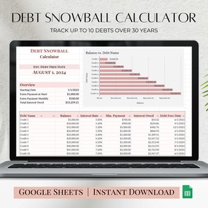 Plantilla de calculadora de bola de nieve de deuda, varios colores disponibles, hoja de cálculo de seguimiento de pago de deuda, hojas de Google del planificador sin deudas
