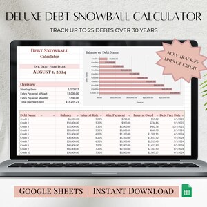 Deluxe Debt Snowball Calculator Template (Pink), Debt Payoff Tracker, Debt Payoff Spreadsheet, Debt Free Planner Google Sheets, 25 Lines