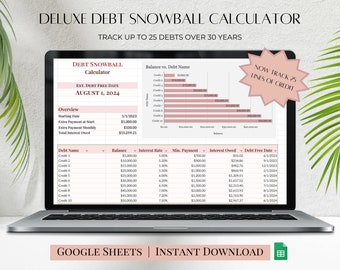 Deluxe Debt Snowball Calculator Template (Pink), Debt Payoff Tracker, Debt Payoff Spreadsheet, Debt Free Planner Google Sheets, 25 Lines