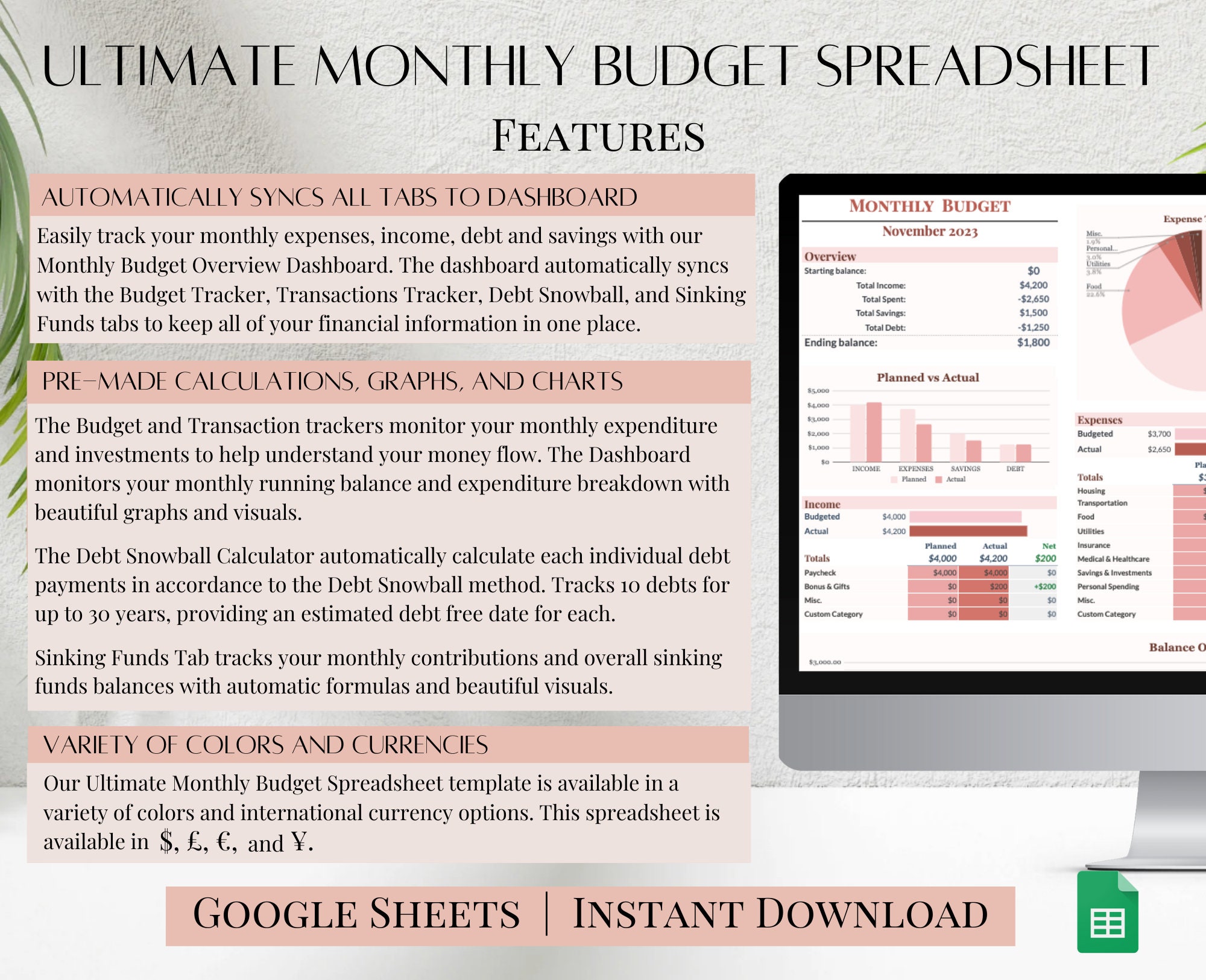 Ultimate Monthly Budget Spreadsheet for Google Sheets, Multiple Colors ...