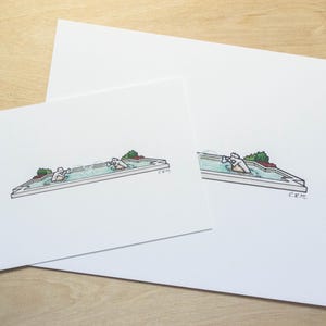 May include: A black and white illustration of two people swimming in a pool. The pool is surrounded by a white border and there are green bushes on either side. The text "C.R.M." is written in the bottom right corner of the image.