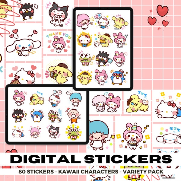 80 Kawaii Characters | Goodnotes Stickers | Planner Stickers | PNG Files | Variety Pack