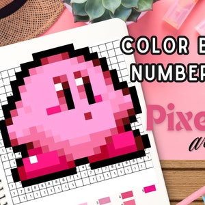 Kirby color by number pixel art printable coloring page, printable, DIY wall art, paint by number