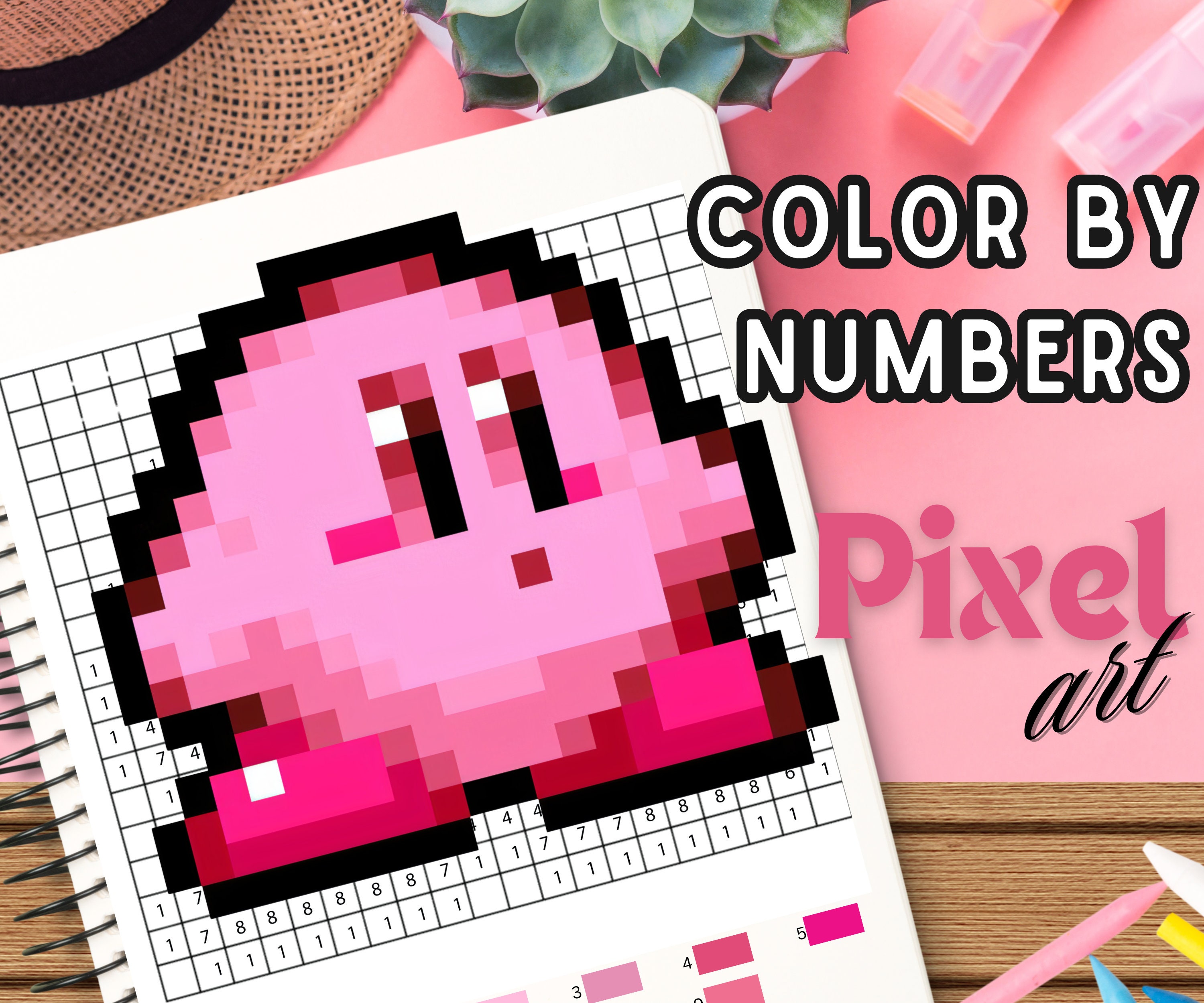 Kirby color by number pixel art printable coloring page, printable, DIY wall art, paint by number