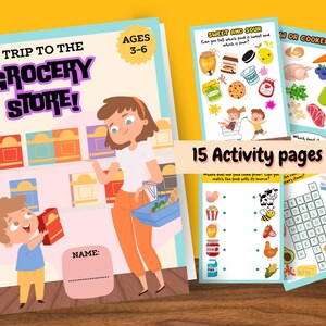May include: A colorful illustrated book for children ages 3-6 titled "A Trip to the Grocery Store!" with 15 activity pages. The cover features a mother and child shopping in a grocery store.