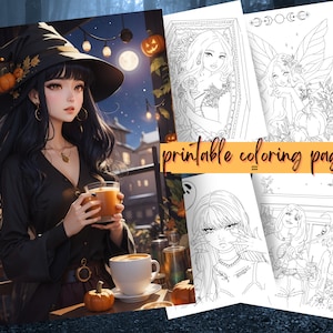 Spooky Witch Halloween Digital Coloring Book, Adults + kids- Download - Coloring Page - Gift, Printable PDF, Women, Skeletons, Witch, Cats