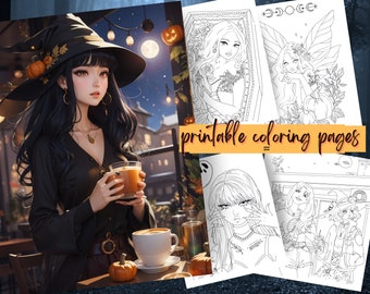 Spooky Witch Halloween Digital Coloring Book, Adults + kids- Download - Coloring Page - Gift, Printable PDF, Women, Skeletons, Witch, Cats