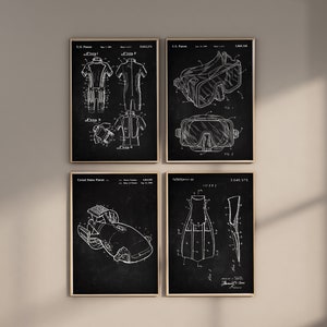 Impresiones de patentes de buceo, Conjunto de 4, Arte de pared de buceo, Plano de traje de neopreno, Impresión de scooter marino, Aleta de natación, Decoración de casa de verano, Descarga digital