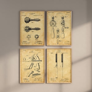 Woodworking Patent Prints, Set of 4, Mallet Print, Workshop Wall Art, Plane Blueprint, Drill Poster Art, Carpenter Shop, Digital Download