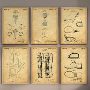May include: Six vintage patent drawings for golf equipment. The drawings are in black and white and feature a golf tee, a golf ball, a golf club, a golf glove, a golf shoe, and a golf bag. The drawings are on a beige background.