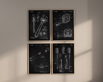 May include: Set of four black and white vintage patent prints featuring illustrations of a wrench, tape measure, level, and screwdriver. The prints are framed in a light brown wood frame.