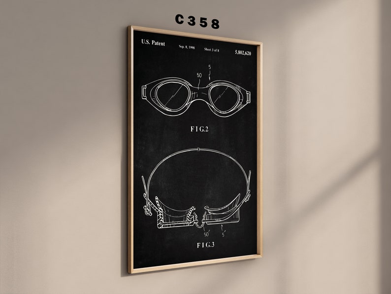 May include: A black and white line drawing of a swimming goggle patent design. The patent number is 5,802,620. The drawing shows the goggle from the front and side views. The text "FIG. 2" and "FIG. 3" are included in the drawing.
