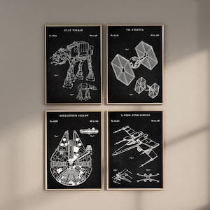 May include: Set of four black and white Star Wars themed prints featuring the AT-AT Walker, TIE Fighter, Millennium Falcon, and X-Wing Starfighter. Each print has a vintage patent design.