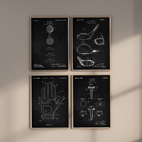 Golf Patent Prints, Set of 4, Golf Art, Golf Decor, Golf Club, Blueprint Wall Art, Golf Ball, Golf Poster, Golf Gloves, Digital Download