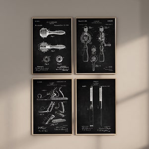 Woodworking Patent Prints, Set of 4, Mallet Print, Workshop Wall Art, Plane Blueprint, Drill Poster Art, Carpenter Shop, Digital Download