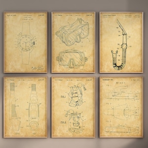 May include: A set of six vintage-style prints featuring black and white illustrations of diving equipment patents. The prints are on a beige background with a distressed, aged look. The prints include a diving watch, a diving mask, a snorkel, a diving fin, a diving suit, and a diving submarine.