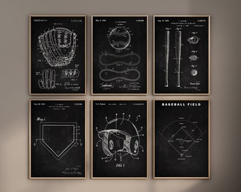 Baseball Patentdrucke, 6er Set, Baseball Drucke, Baseball Wandkunst, Baseballmütze, Baseballfeld Diagramm, Baseball Kunst, digitaler Download