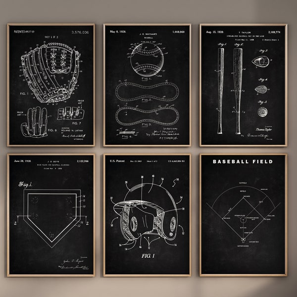 Baseball Patent Drucke, 6er Set, Baseball Drucke, Baseball Wandkunst, Baseball Hut, Baseball Feld Diagramm, Baseball Kunst, digitaler Download