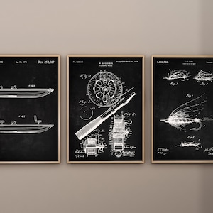 Fishing Patent Prints, Set of 3, Fishing Wall Art, Fishing Reel Blueprint, Artificial Bait, Fishing Boat, Gift for Him, Digital Download