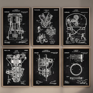 Motor Komponenten Patentdruck, 6er Set, Motor Lager Druck, Garrage Wand Kunst, Getriebe Blueprint, Piston Poster, Digitaler Download