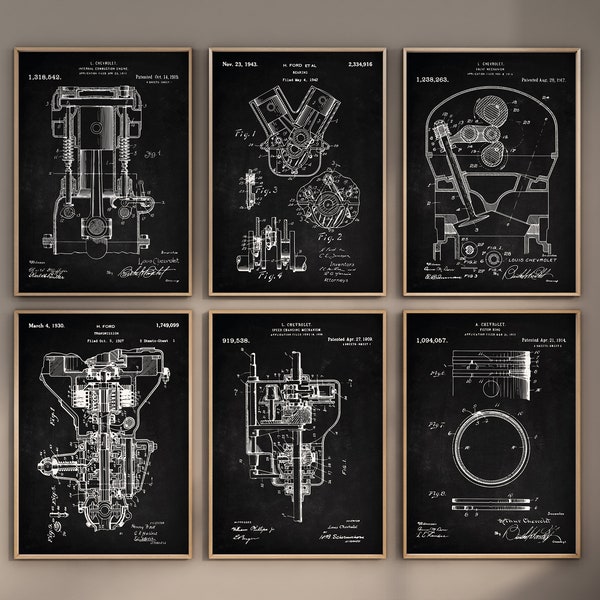 Impresiones de patentes de componentes del motor, juego de 6, impresión de cojinetes del motor, arte de pared de garaje, plano de transmisión, cartel de pistón, descarga digital