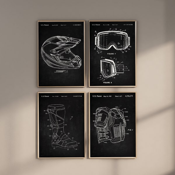 Dirt Bike Patent Prints, Set of 4, Dirt Bike Wall Art, Dirt Bike Helmet Prints, Body Armor Blueprint, Motocross Goggle, Digital Download