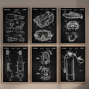 Diving Patent Art Prints, Set of 6, Scuba Blueprint Decor (Digital Download)