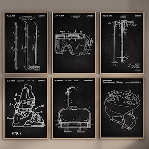 Skiing Patent Prints, Set of 6, Skiing Wall Art, Ski Blueprint, Ski Boots Poster, Ski Poles Print, Winter Sports Decor, Digital Download