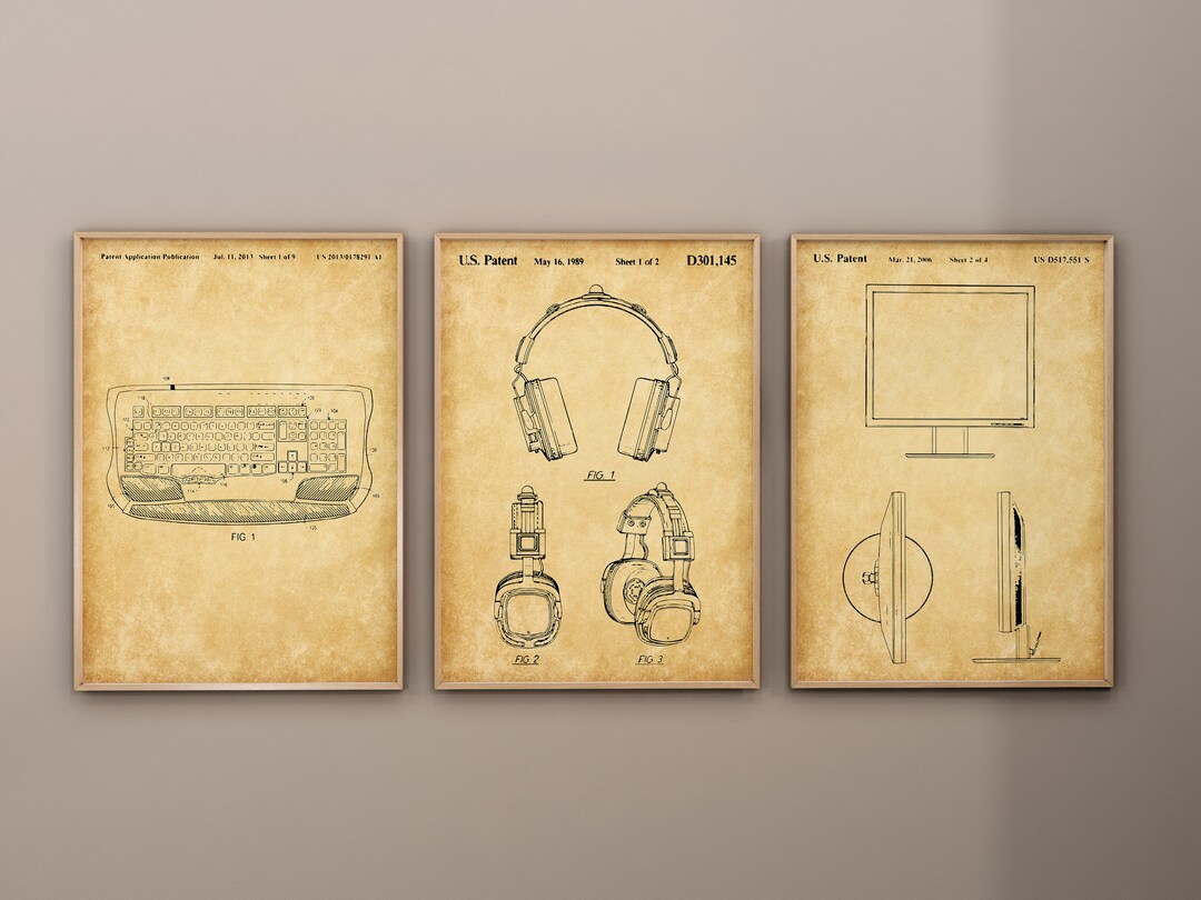 Gaming Patent Prints, Set of 3, Video Game Print, Gaming Keyboard Wall ...