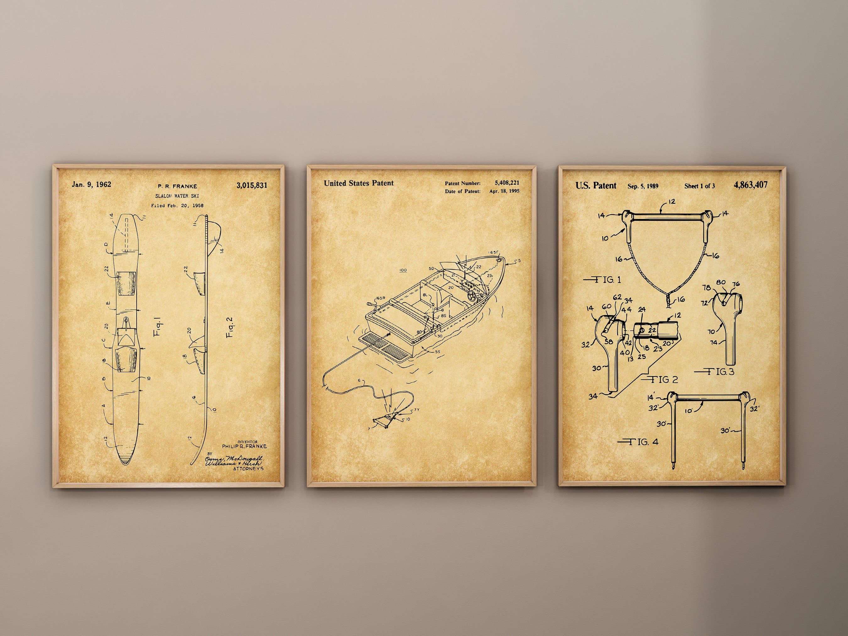 Water Ski Patent Prints, Set of 3, Water Skiing Wall Art, Water Ski Boat Blueprint, Slalom Water Ski Poster, Water Sports, Digital Download