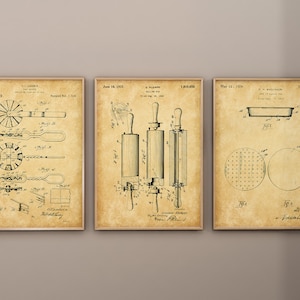 May include: Three vintage patent drawings for kitchen tools. The first shows a waffle iron, the second shows a rolling pin, and the third shows a pie dish and a waffle mould.