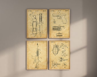 Láminas de patentes militares, juego de 4, arte mural vintage del ejército (descarga digital)